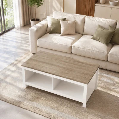 HOMCOM Masă de cafea dreptunghiulară, masă de salon modernă cu 4 compartimente deschise, 110 x 55 x 45,5 cm, stejar și alb