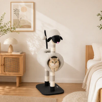 PawHut Árbol para gatos diseño de oveja, con postes rascadores, túnel y juguete, 98 cm, Gris claro