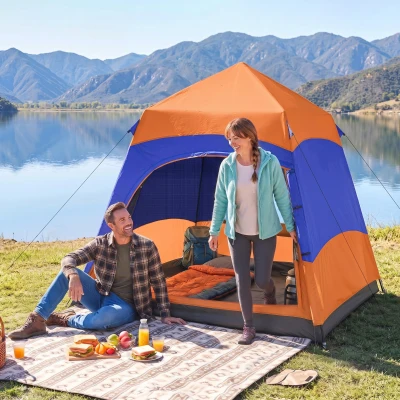 Outsunny 4-Man Hexagon Camping Tent Orange and Blue