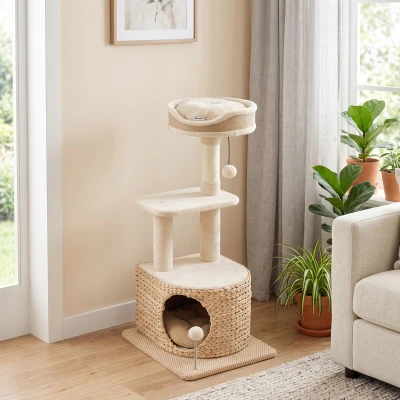 PawHut Árbol para Gatos Diseño Moderno Estilo Trenzado con Rascador 4 Niveles Caseta de Junco Percha en Yute 87 cm Beige