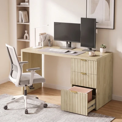 HOMCOM Computerschreibtisch, reversibler Stauraum, 3 Schubladen mit wellenförmigen Fronten, dicke und geräumige Tischplatte, 120x50x76cm, Eiche