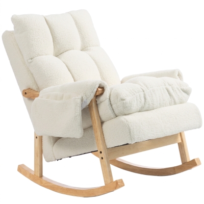HOMCOM Poltrona de balanço com bolsos laterais, revestimento Snow-Flannel e pés em madeira de seringueira, creme
