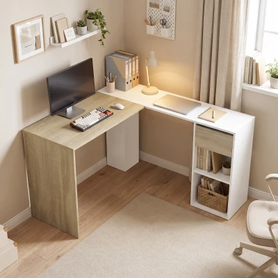 HOMCOM L-förmiger Eckschreibtisch 120x110 cm mit Schublade und 2 Ablagen für Home-Office Arbeitszimmer Weiß und Natur