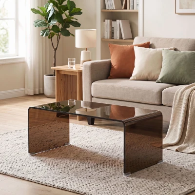 HOMCOM Mesa de Centro em Vidro, Mesa de Sala Retangular Design Moderno com Bordas Arredondadas Seguras, Castanho Transparente