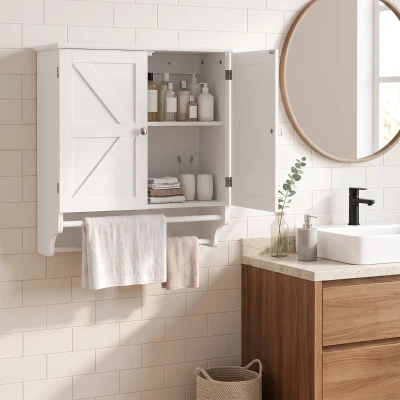 HOMCOM Armário de Parede para Banheiro Poupa-Espaço com 2 Portas e Porta-Toalhas Branco