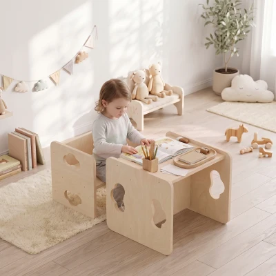AIYAPLAY Montessori Toddler Table & Chair Set 3-Level Natural