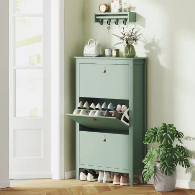 HOMCOM Zapatero Estrecho con 3 Compartimentos y Tiradores de Cuero PU para Pasillos y Recibidores 80x24x131 cm Verde Claro