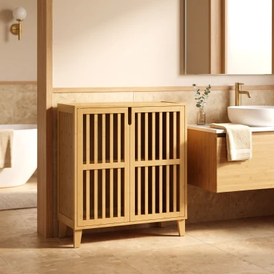 HOMCOM Meuble Salle de Bain Bambou 2 Portes Étagère Réglable