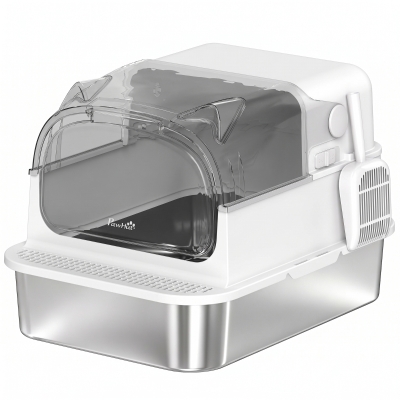 PawHut Lettiera per Gatti Chiusa XL 90L in Acciaio Inox, Bianco
