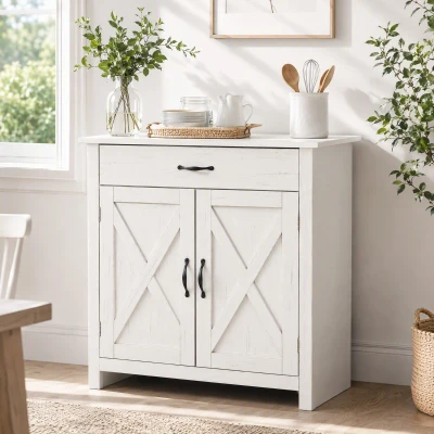 HOMCOM Aparador de Cocina con Cajón 2 Puertas y Estante Interior Mueble Auxiliar Decorativo 80x39,7x80 cm Blanco Lavado