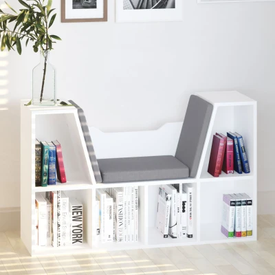 HOMCOM Bibliotecă 2 în 1 cu 6 secțiuni, cu perne moi, din lemn, spumă și poliester, 102x30x61 cm, alb