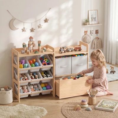 AIYAPLAY Wooden Toy Storage Unit with Bins & Drawers Bedroom White