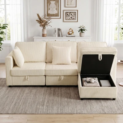 HOMCOM Sofá Chaise Longue de 3 Plazas con Almacenaje y Otomana Reversible de Pana 235x153x85 cm Blanco Crema