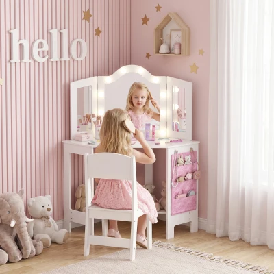 AIYAPLAY Kids Vanity Table Set with LED Lights, White
