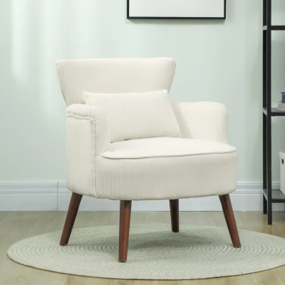 HOMCOM Poltrona Relax Individual em Bombazina com Almofada, Braços e Pés de Madeira para Quarto e Escritório, Creme