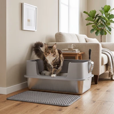 PawHut Kattenbak van roestvrij staal, open met schep, hoge rand en mat voor katten tot 7 kg, 60,2 x 40,2 x 29,5 cm, grijs