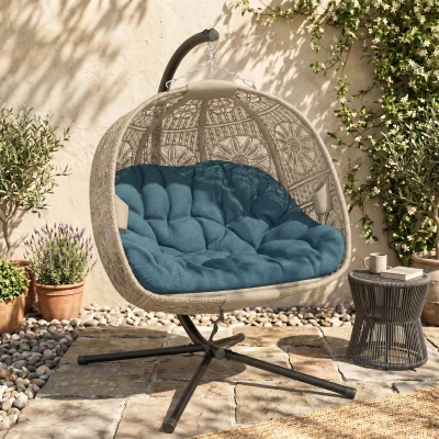 Outsunny Hängesessel mit Gestell, Eiförmiger Hängeschaukel mit abnehmbarem waschbarem Kissen, Hängematte für 2 Personen, Schaukelsessel Indoor Outdoor, Sand+Schwarz
