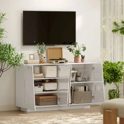 HOMCOM Armário Branco Brilhante 150x40x88 cm Portas Geométricas e Prateleira Ajustável