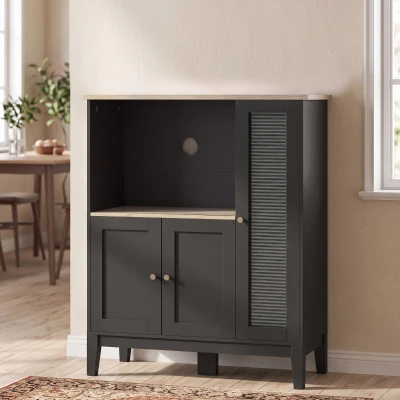 HOMCOM Mueble armario microondas para cocina con 1 nicho, 3 puertas pasacables 80 x 35 x 97 cm negro y aspecto madera