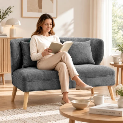 HOMCOM 2-Sitzer-Sofa, kleines Chenille-Sofa mit Flügelrücken, dickem Sitz, Gummibaumholzfüßen, Grau