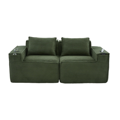 Modulares Doppelsitz-Cordsofa mit Becherhaltern und Seitentaschen, Federkern und hochdichtem Schaumstoff, 188L x 90B x 75H cm, Grün