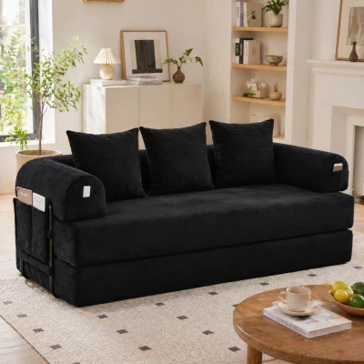 Faltbares Kompressionssofa mit stabilem Metallrahmen, Seitentaschen plus 3 Kissen, 200L x 94B x 67H cm,Schwarz