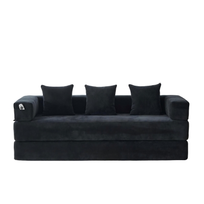 Modulares Chenille-Block-Sofa, frei kombinierbar, mit Seitentaschen zur Verstauung und rutschfestem Fahrgestell, Maße 198L x 79B x 60H cm, Schwarz