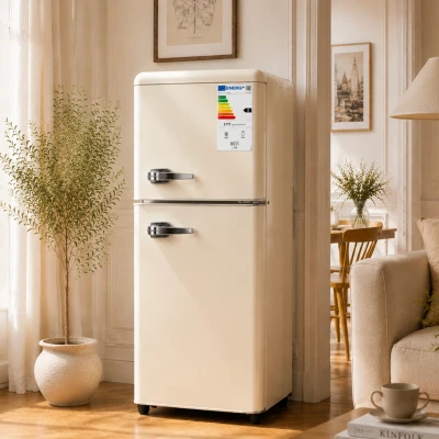 112L Doppeltür-Kühlschrank, 72L Kühlfach + 40L Gefrierfach, 7-stufiger Temperaturregler, 41L x 48,5 B x 114,5 H cm, Cremefarben