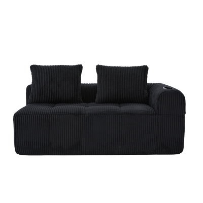 Bequemes Cordsofa mit zwei Sitzern, seitliche Aufbewahrungstasche für Fernbedienung und Handy, eingebauter Getränkehalter, 158X93X61 cm, Schwarz
