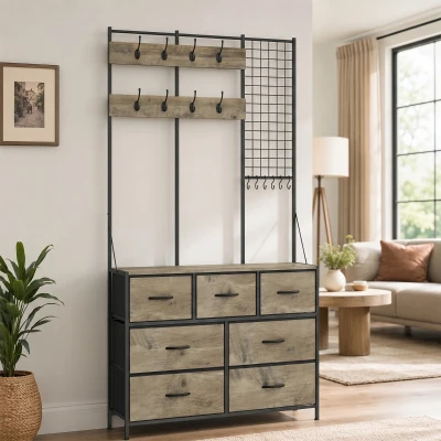HOMCOM Cuier 4 în 1, Mobilier pentru hol cu 7 sertare pliabile din material textil, 14 cârlige şi panou grilaj, Gri cu efect de lemn
