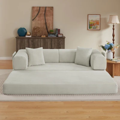 Knochenloses modulares Sofa, umbaubar in ein Bett, umfasst 2 Polster und einen Stahlrahmen, 204L x 97B x 65H cm, Beige