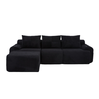 Modulares Cordsofa für drei Personen (inklusive Fußschemel), frei kombinierbar, ausgestattet mit Getränkehaltern und seitlichen Aufbewahrungstaschen, 268L x 174B x 80H cm, Schwarz