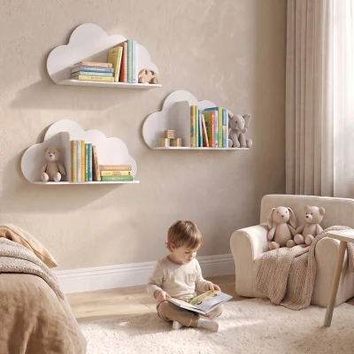AIYAPLAY 3-delige wandboekenkast voor kinderen, 60 cm, zwevende Montessori boekenplanken in wolkvorm, wit, 3-8 jaar