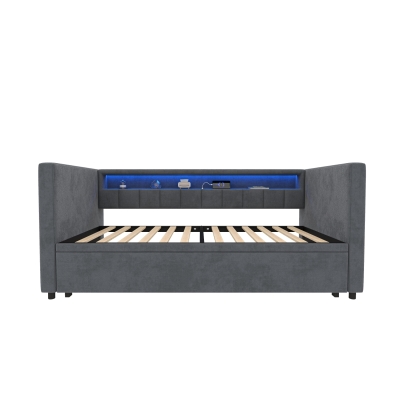 Multifunktionales Schlafsofa 90.5x190.5 cm, mit ausziehbarem Bett, USB-Typ-C-Anschluss und LED-Beleuchtung, 201L x 100-192B x 73H cm, Dunkelgrau