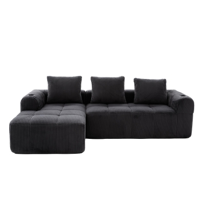Cord-Kombinationssofa mit 3 Kissen, Seitentaschen und Getränkehaltern, 253L x 158B x 61H cm, Dunkelgrau