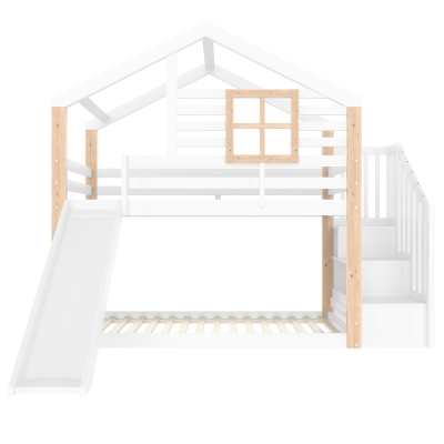 Kinderbett mit Rutsche und Treppe, ausgestattet mit Handläufen und Stauraum, 252L x 96B x 206H cm, Weiß