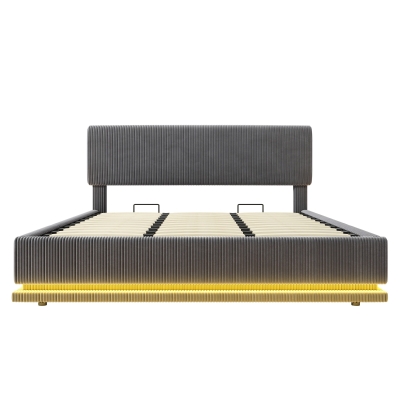 Modernes, gepolstertes Bett misst 180 x 200 cm, ausgestattet mit LED-Lichtern und USB-C-Lade, verstellbarer Kopfteilhöhe, stabilem gestreiftem Bettrahmen, 181L x 207B x 102/107/112H cm, Dunkelgrau