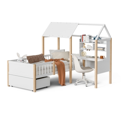 90 x 200 cm Klappbett, L-förmiger Schreibtisch und Bücherregal, Schublade mit Rädern, 205L x 178B x 126 cm, Weiß