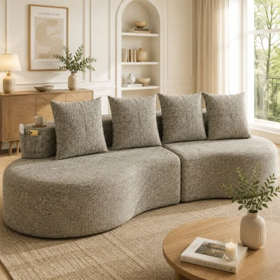 Leinensofa mit 4 Kissen, darunter Getränkehalter und Seitentaschen, 240L x 109B x 63H cm, Khaki