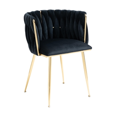 Samt-Esssessel mit goldenen Metallbeinen, elegantes handgewebtes Design, 55,5x41x74 cm, Schwarz