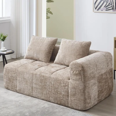 Bequemes Doppelsofa mit Kissen, Seitentaschen für Fernbedienung und Handy, 158X90X60 cm, Khaki