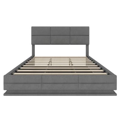 Das samtgepolsterte Bett misst 180 x 200 cm, verfügt über verstellbare Kopfteilhöhe, LED-Beleuchtung und XXL-Stauraum. Es ist ohne Matratze erhältlich, mit den Gesamtmaßen 182 cm x 206 cm x (105-110-115 cm), Dunkelgrau