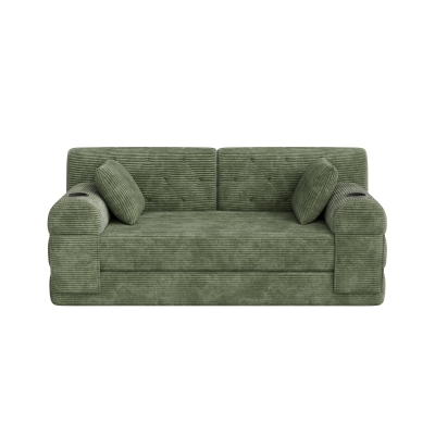 Doppeltes komprimiertes Cordsofa, Metallrahmen, 2 Becherhalter und 4 Seitentaschen, 168L x 80B x 81H cm,Grün