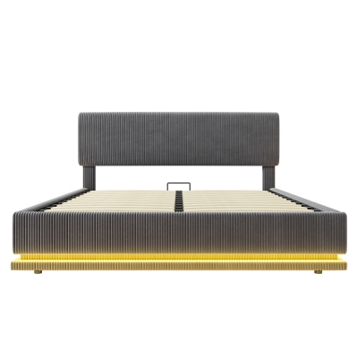 Modernes, gepolstertes Bett misst 160 x 200 cm, ausgestattet mit LED-Lichtern und USB-C-Lade, verstellbarer Kopfteilhöhe, stabilem gestreiftem Bettrahmen, 161L x 207B x 102/107/112H cm, Dunkelgrau