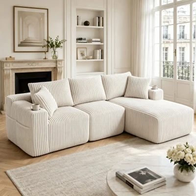 Modulares Sofaset mit Liegestühlen und Doppelbetten, 5 Kissen und 2 Getränkehaltern， 257×160×62 cm, Beige