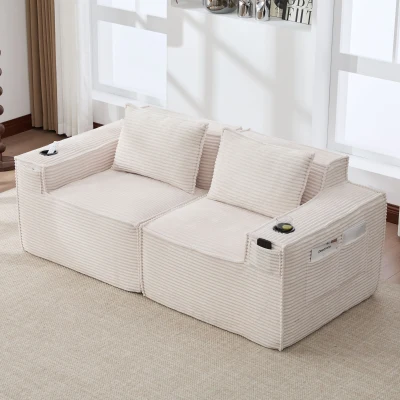 Modulares Doppelsitz-Cordsofa mit Becherhaltern und Seitentaschen, Federkern und hochdichtem Schaumstoff, 188L x 90B x 75H cm, Beige