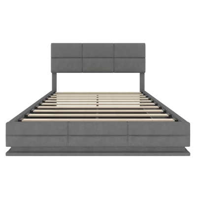 160x200 cm modernes Samtkissenbett, ausgestattet mit einem dreistufigen verstellbaren Kopfteil, einschließlich USB/Typ-C-Anschlüssen und LED-Umgebungsbeleuchtung, keine Matratze, 162L x 206B x 105-110-115H cm,Dunkelgrau