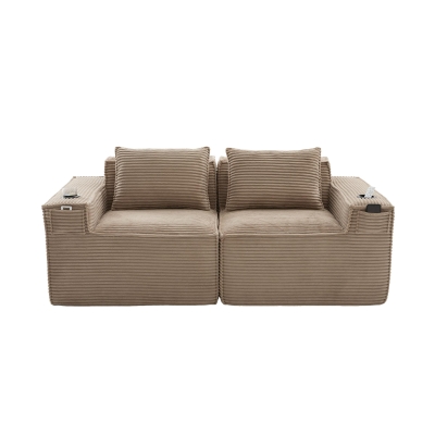 Modulares Doppelsitz-Cordsofa mit Becherhaltern und Seitentaschen, Federkern und hochdichtem Schaumstoff, 188L x 90B x 75H cm, Khaki