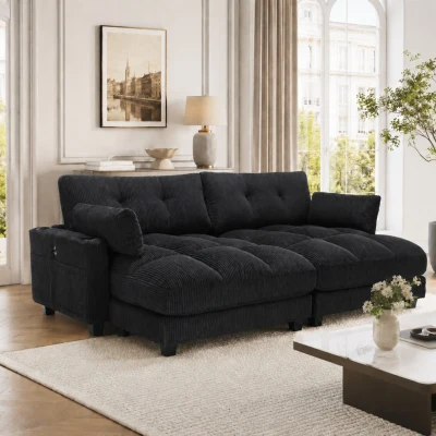 Das schwarze Cord-Doppelsofa verfügt über 2 Kissen, 4 Becherhalter und 4 Seitentaschen, kann in zwei unabhängige Sitze geteilt werden, 224L x 140B x 81H cm , Schwarz