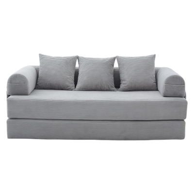 Faltbares Kompressionssofa mit stabilem Metallrahmen, Seitentaschen plus 3 Kissen, 200L x 94B x 67H cm,Hellgrau